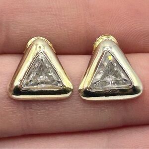 Cubic Zirconia and 24k Gold Over Sterling Silver Triangle Stud Post Earrings—MMA